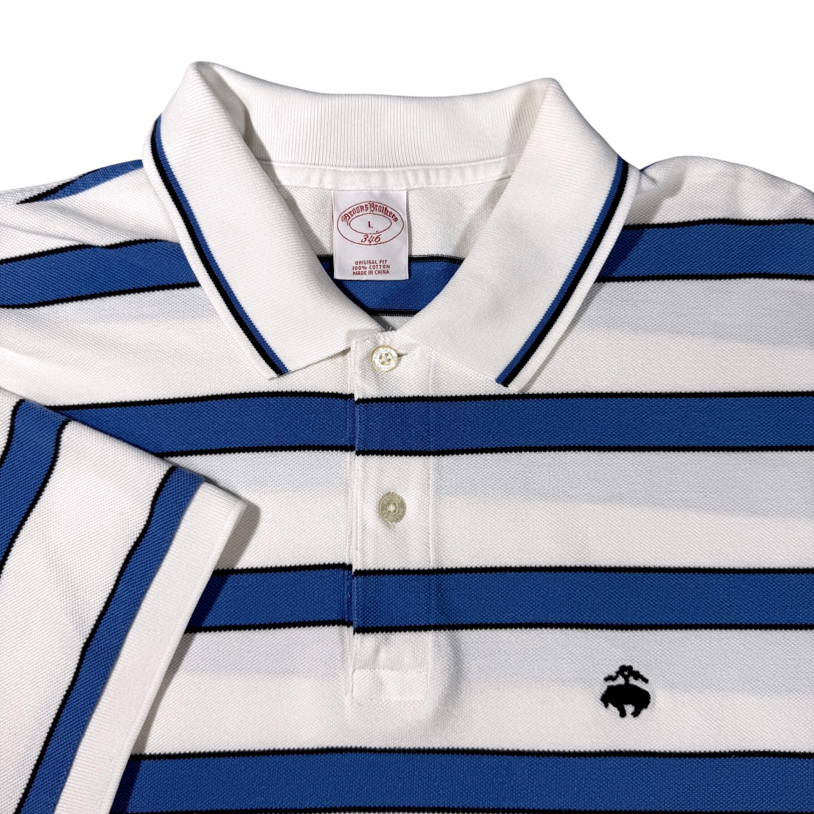 Brooks Brothers 346 Mens Large White Blue Striped Cotton Pique Polo Shirt Logo